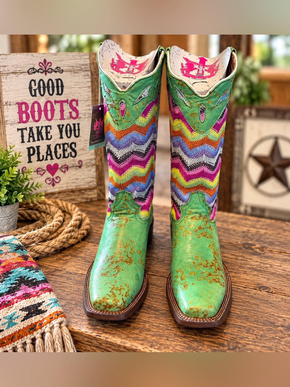 Tanner Mark Women’s Green Multicolor Chevron Western Cowboy Boots – New